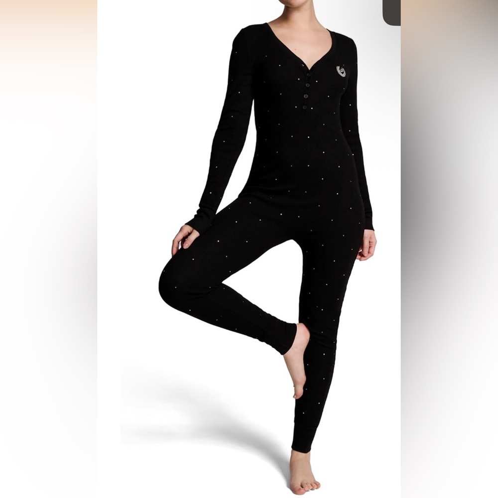 PINK Victoria's Secret Black Rhinestone Thermal Onesie Pajamas